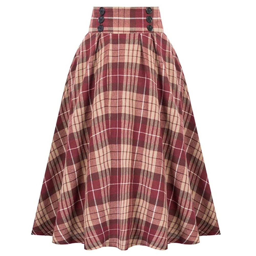 Belle Poque Cottage Core Plaid Vintage High Waist Pleated Skirt With Pockets